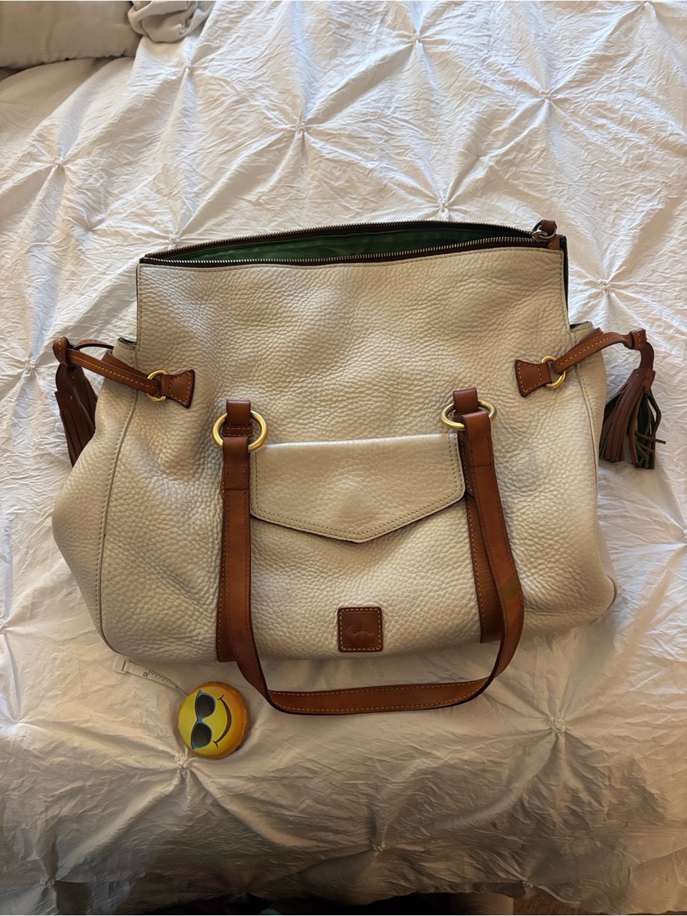 Dooney & Bourke Cream Pebbled Leather Florentine Bag with Brown Trim